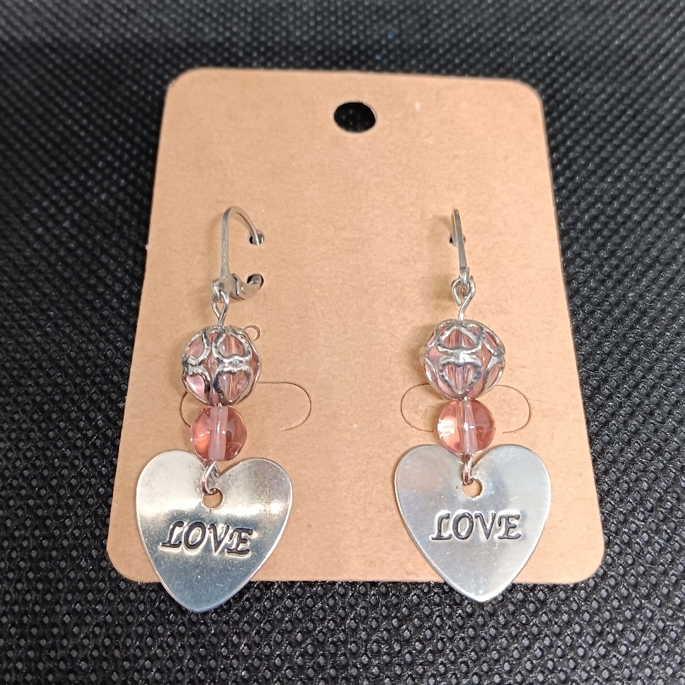 💥 HANDMADE Pink & Silver Tone Heart Shaped "LOVE" Charm Beaded Dangle Earrings